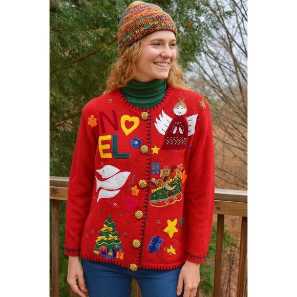 Sweaters - Victoria Harbour Red Knit Button Front Christmas Cardigan Sweater Womens‎ Size S